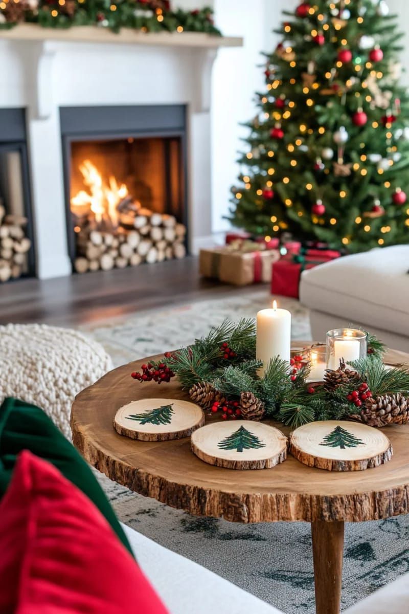 natural wood slice coasters with painted christmas tree motifs 1