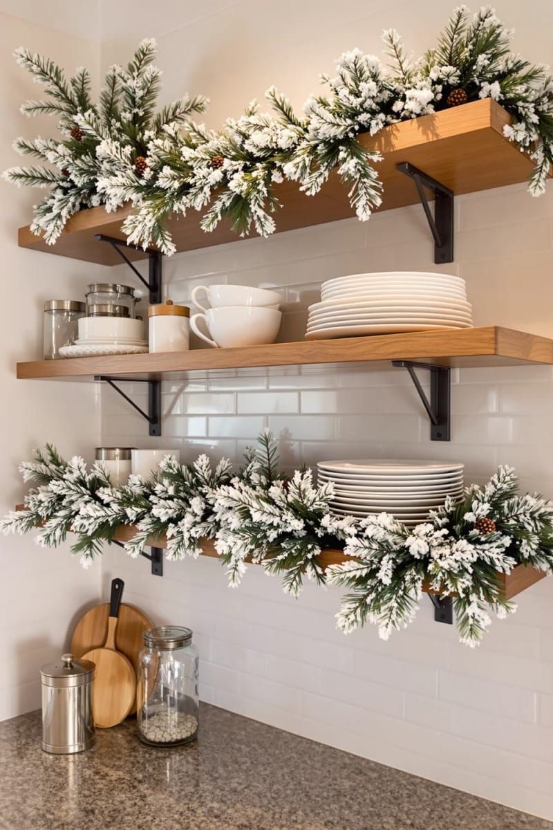 frosted pine garland woven through open kitchen shelving 1
