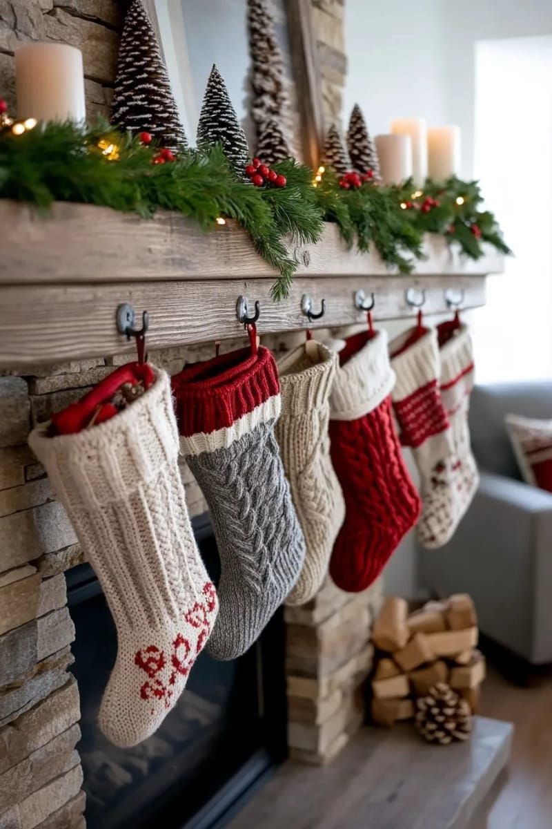 cozy knitted stockings hanging from a rustic wooden fireplace mantel 1