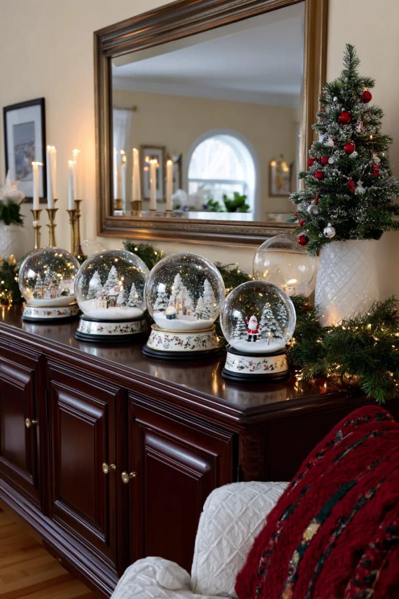 whimsical snow globe collection displayed on a living room sideboard 1