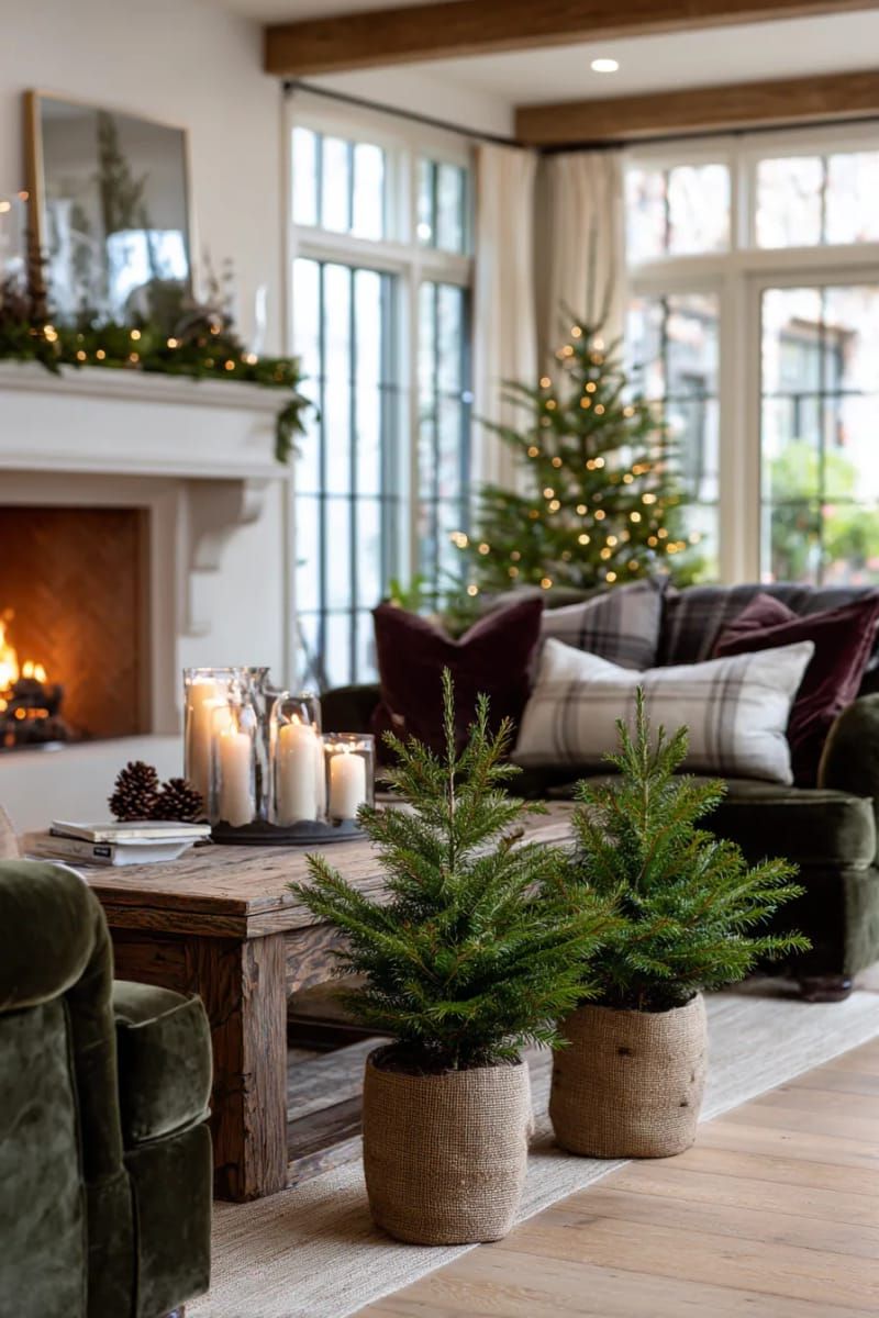 small potted christmas trees with burlap bases for a charming entryway 1