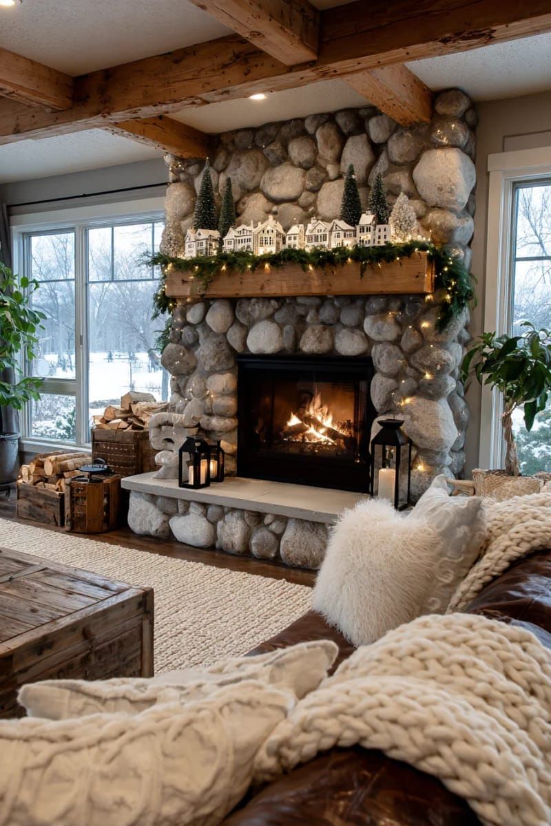 white houses and tiny green trees lining a cozy fireplace mantel 1