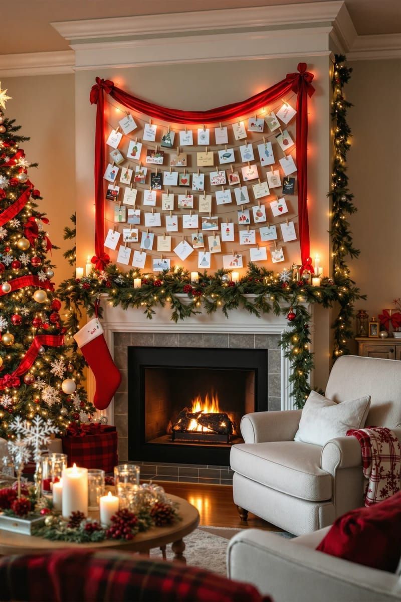 christmas card display using red ribbon and mini clothespins on wall 1