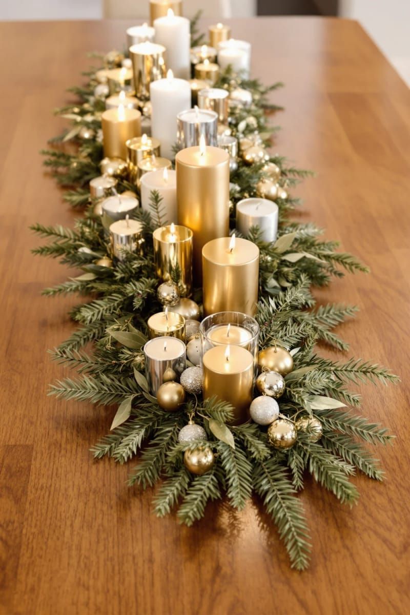 gold and silver candle clusters with evergreen sprigs for dining table 1