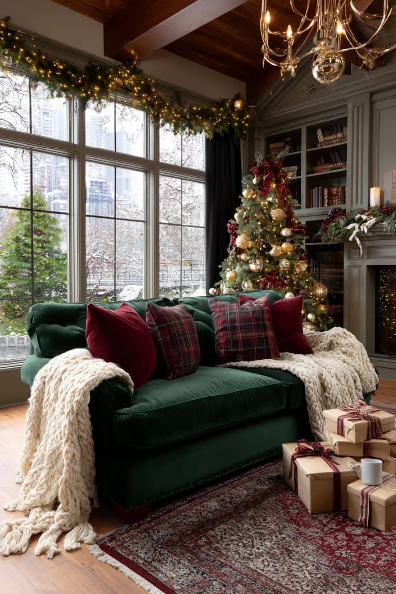 green velvet sofa with plaid holiday pillows and cozy chunky knit throws 1