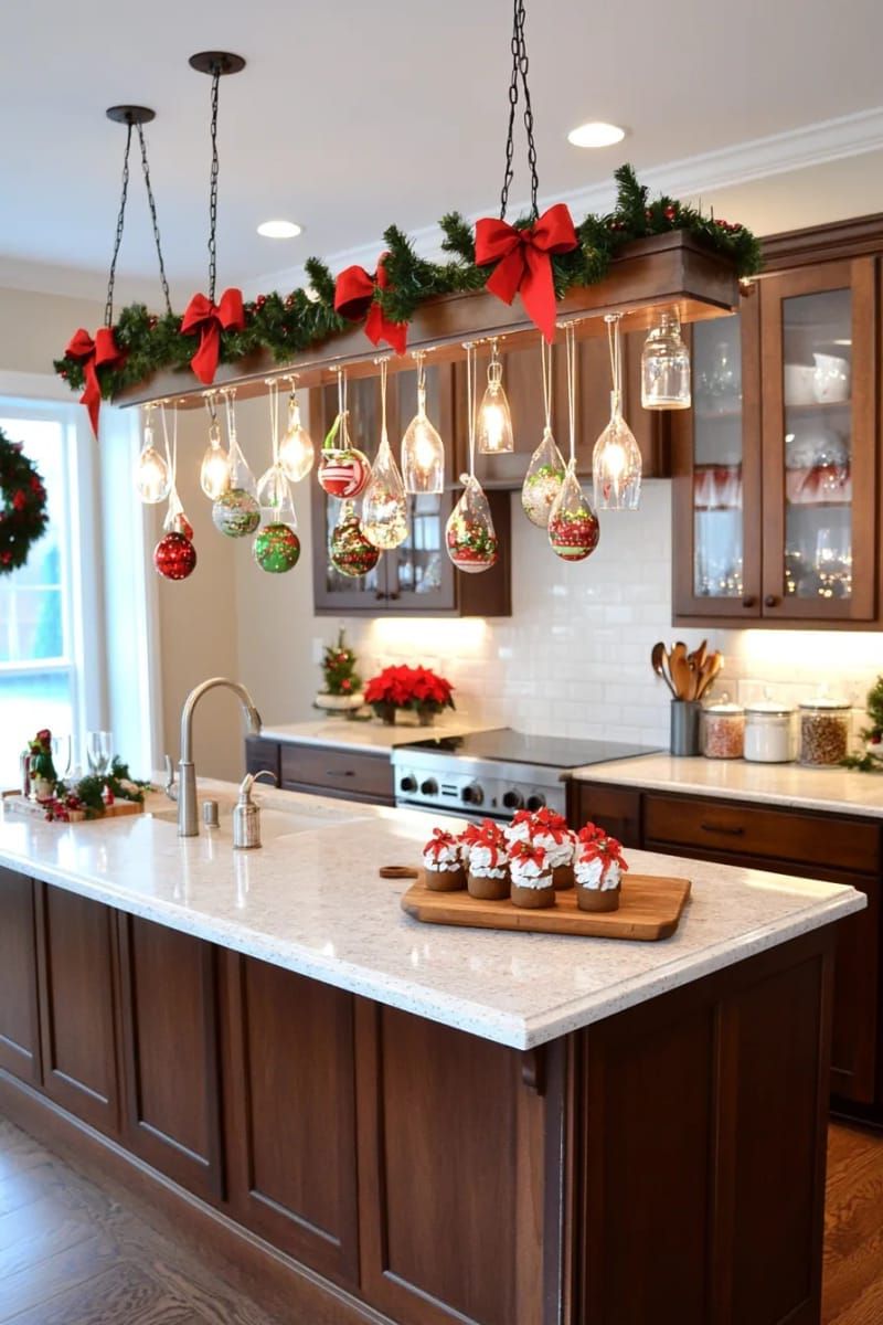 suspended upside-down wine glasses filled with ornaments and candles 1