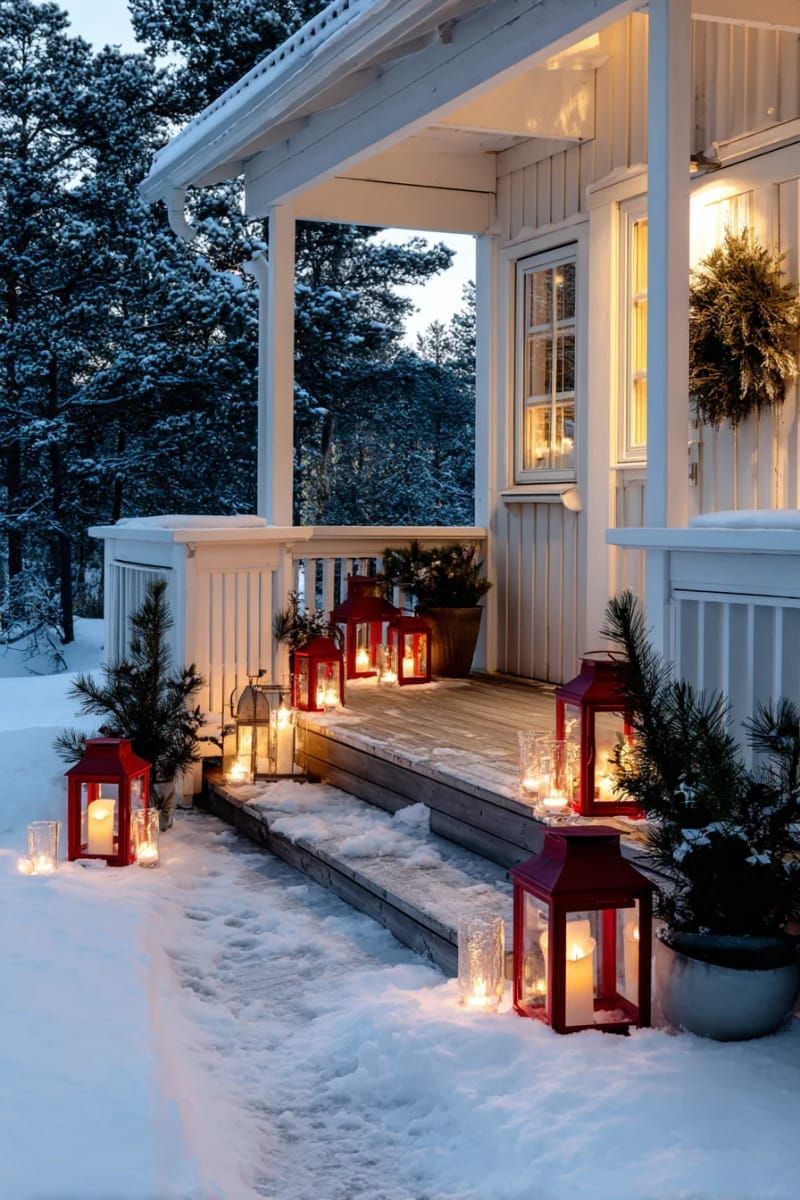red lanterns and glass votives glowing on a snowy porch at dusk 1