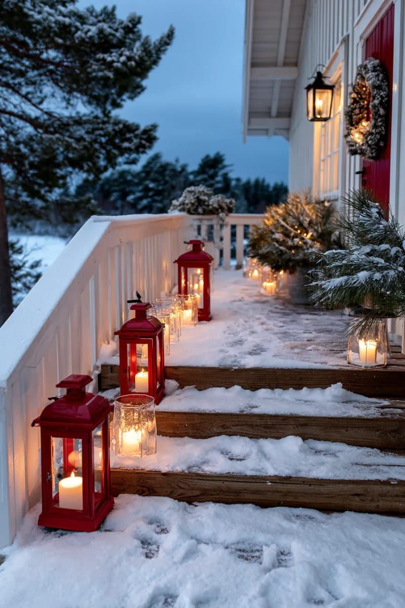 red lanterns and glass votives glowing on a snowy porch at dusk 1