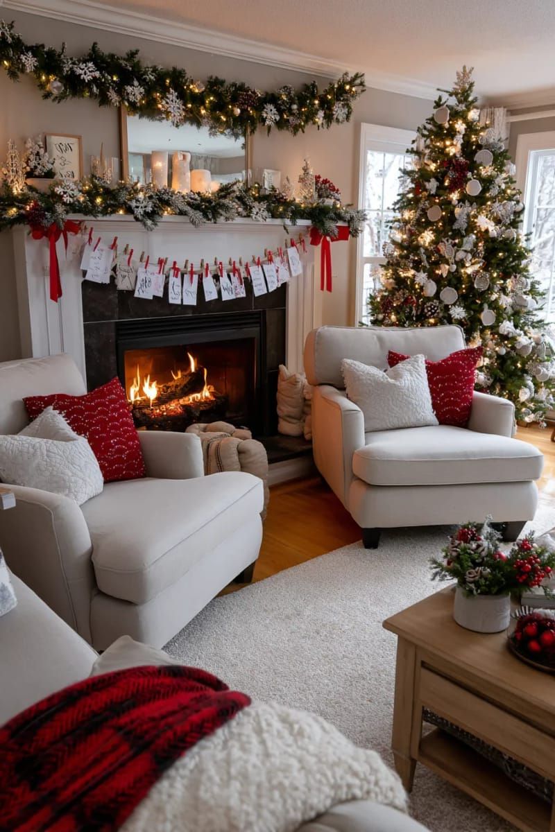 christmas card display using red ribbon and mini clothespins on wall 1