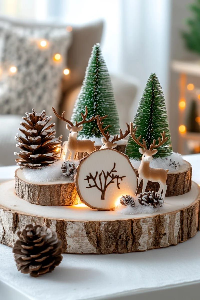 birch wood slices with miniature reindeer and bottle brush trees 1