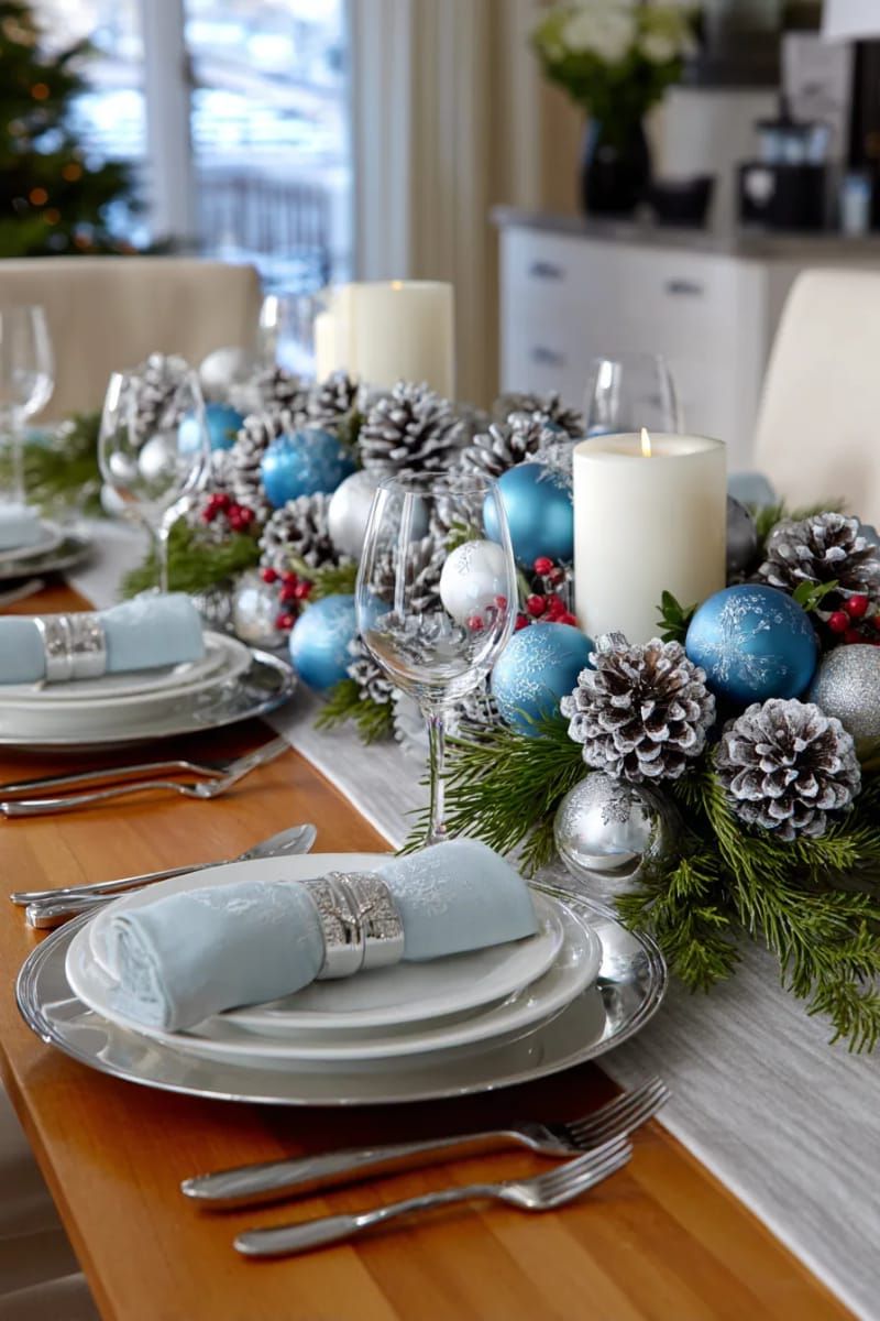 blue and silver baubles with frosted pinecones for a wintry vibe 1