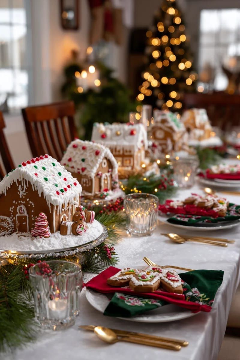 gingerbread house village surrounded by sparkling fairy lights 1