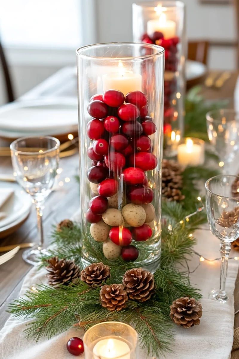 tall hurricane vases with floating cranberries and tea lights 1