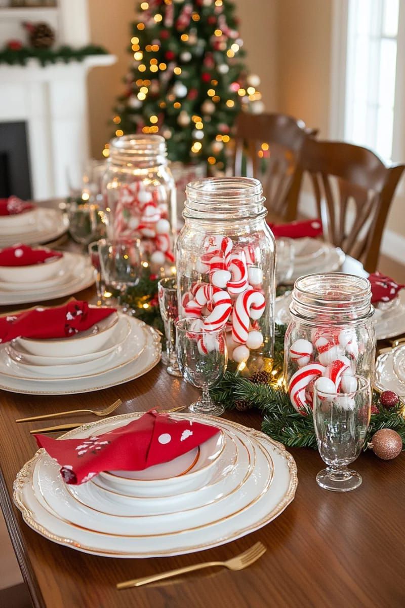 mason jars filled with candy canes and twinkle lights as centerpieces 1