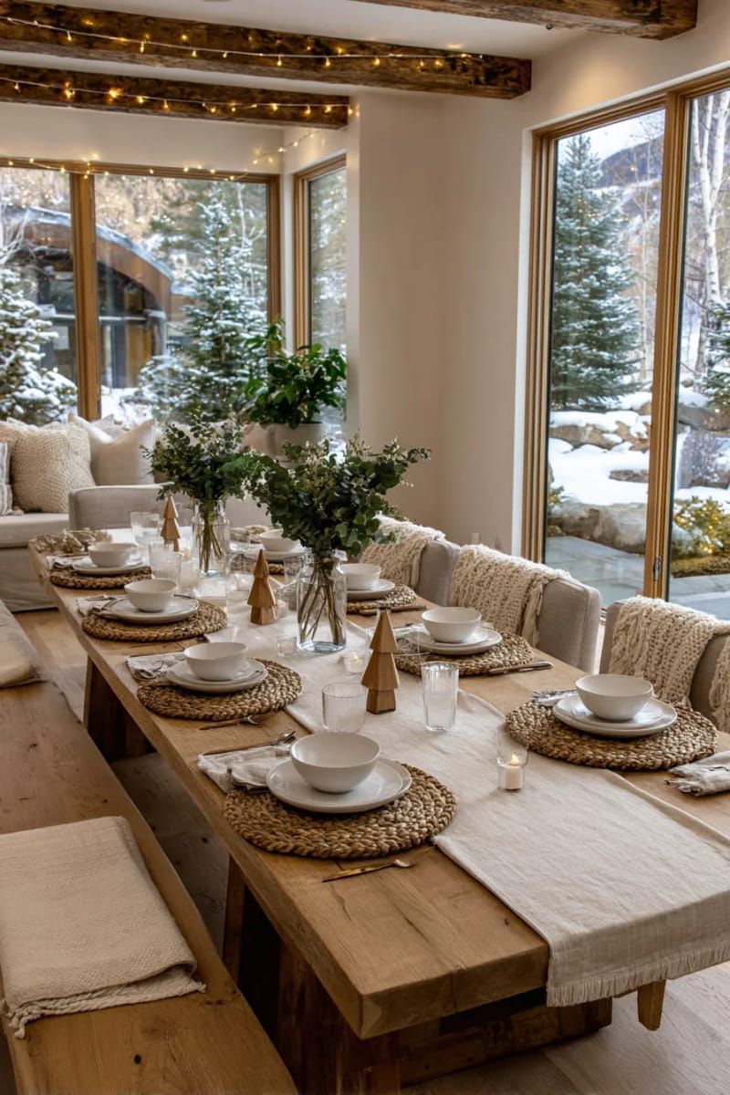 layered neutral textures: beige linen, jute placemats, wooden trees 1