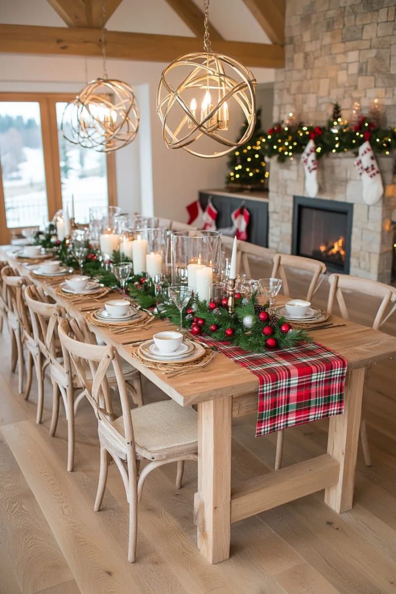 cozy farmhouse setup: plaid runners, pine sprigs, and chunky candles 1
