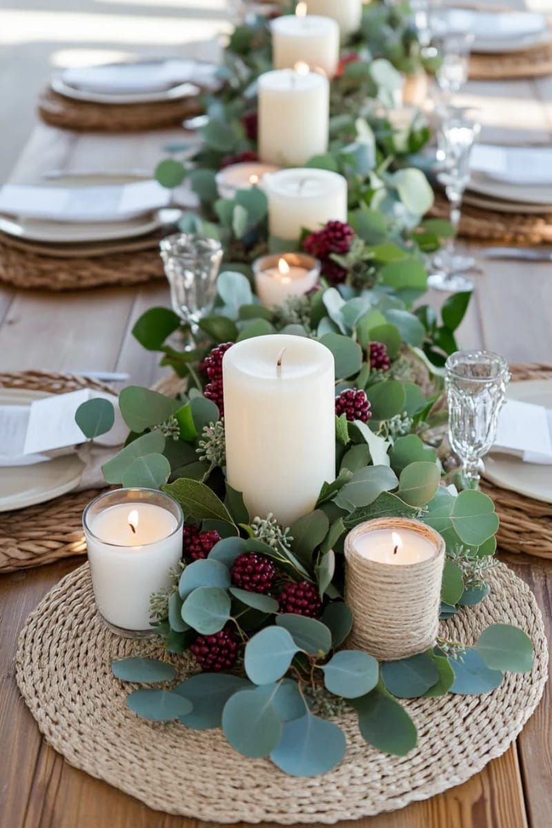 rustic wooden garland centerpiece with eucalyptus, berries, and pillar candles 1