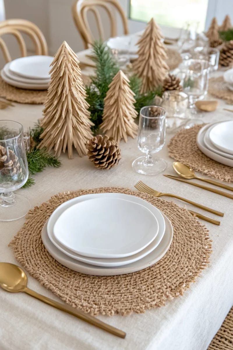 layered neutral textures: beige linen, jute placemats, wooden trees 1