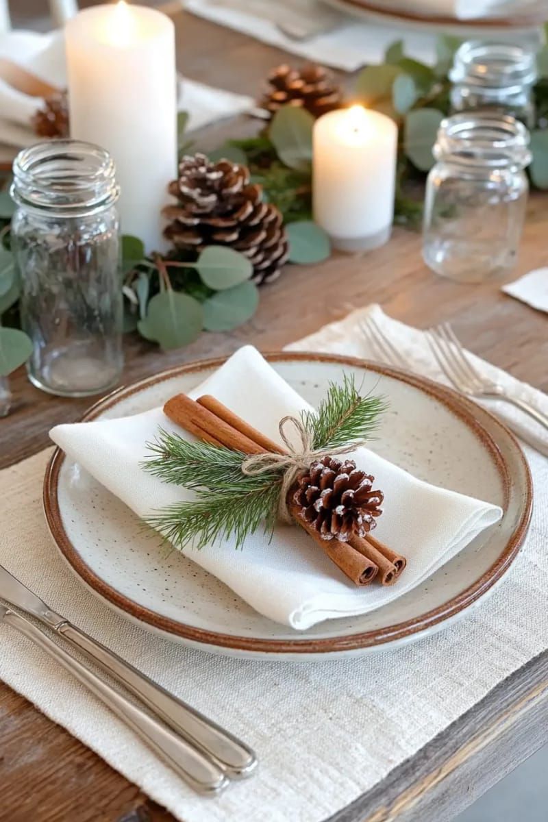 pinecone and cinnamon stick bundles at each plate for rustic charm 1