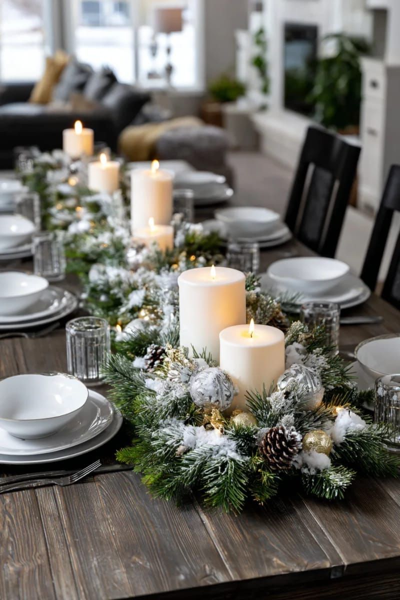 snow-dusted faux greenery runner with white pillar candles 1