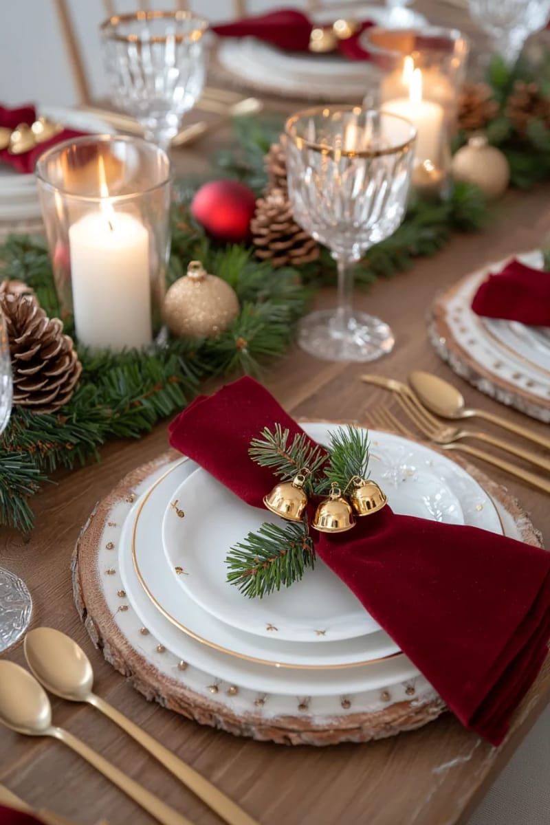 velvet red napkins tied with gold bells and pine sprigs 1