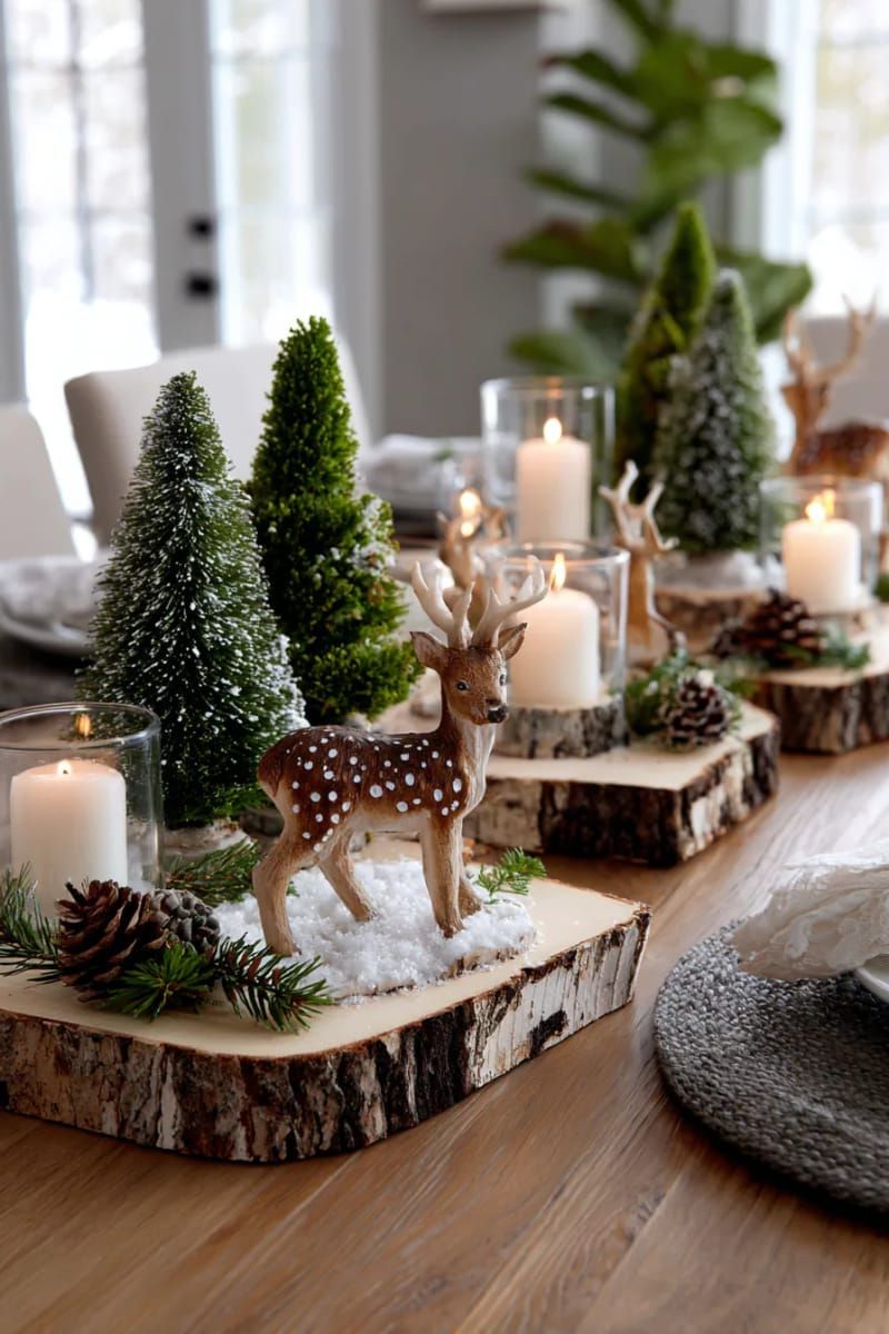 birch wood slices with miniature reindeer and bottle brush trees 1