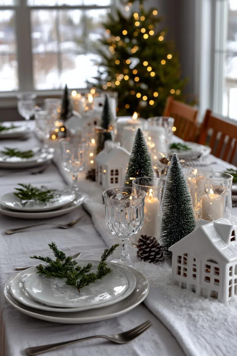 mini ceramic christmas village with frosted trees as table focal point 1