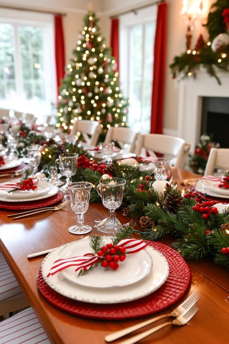 red and white striped accents paired with sprigs of cedar and berries 1