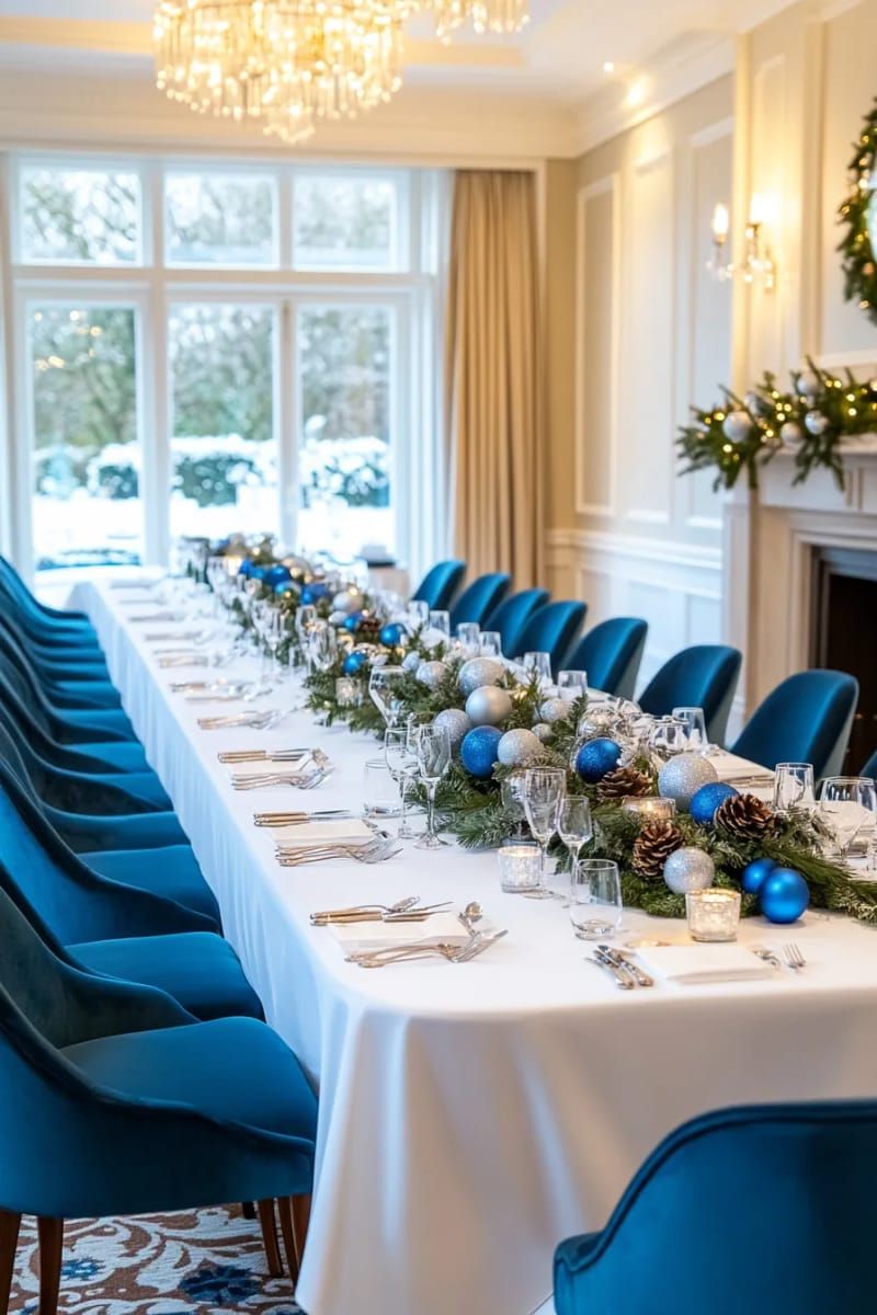 blue and silver baubles with frosted pinecones for a wintry vibe 1