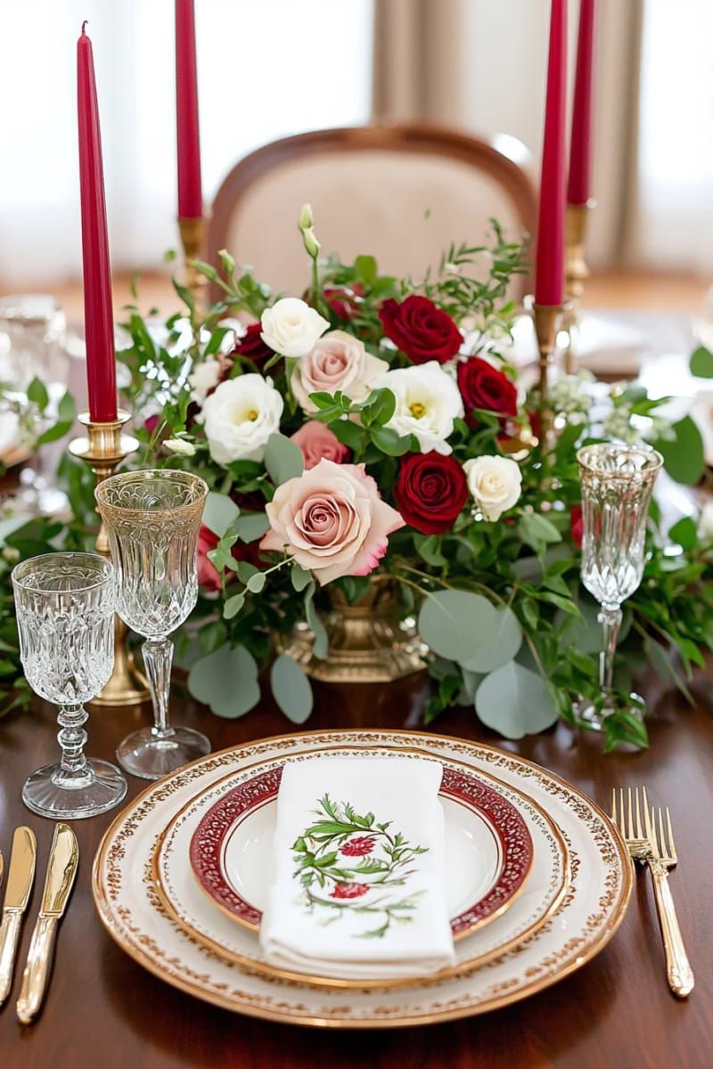 classic gold-rimmed plates and crystal glasses with crimson taper candles 1