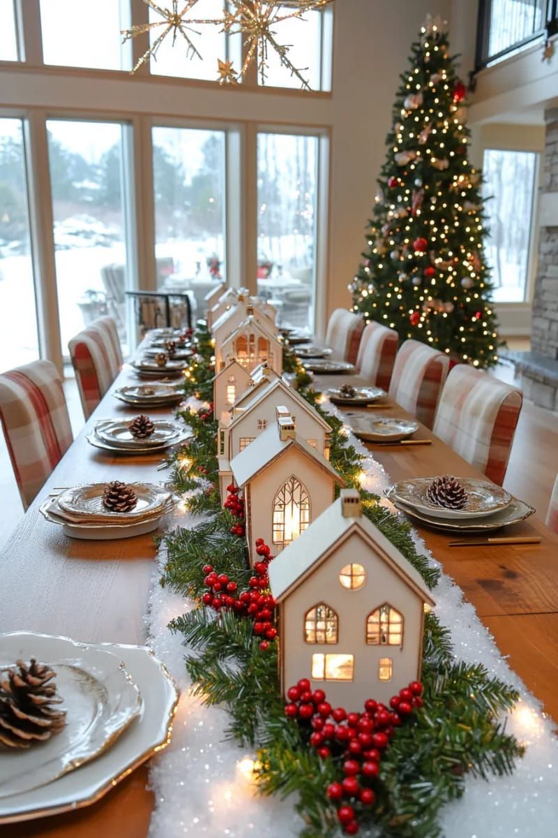 table runner of faux snow with tiny wooden christmas houses 1