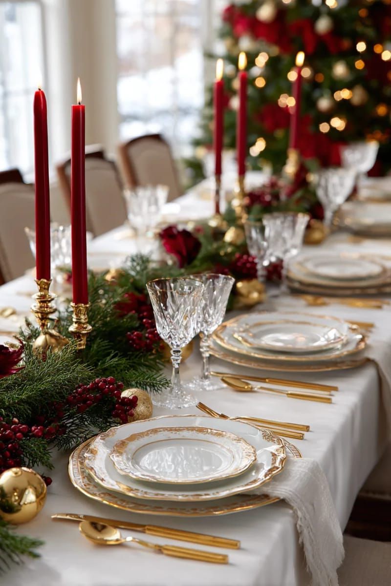 classic gold-rimmed plates and crystal glasses with crimson taper candles 1