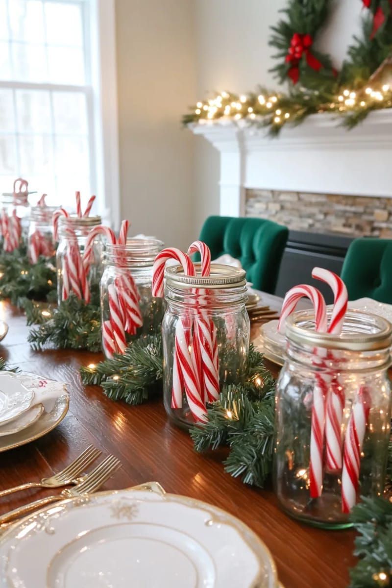 mason jars filled with candy canes and twinkle lights as centerpieces 1