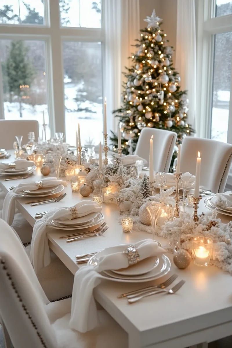 elegant all-white scheme with glass candleholders and frosted berries 1