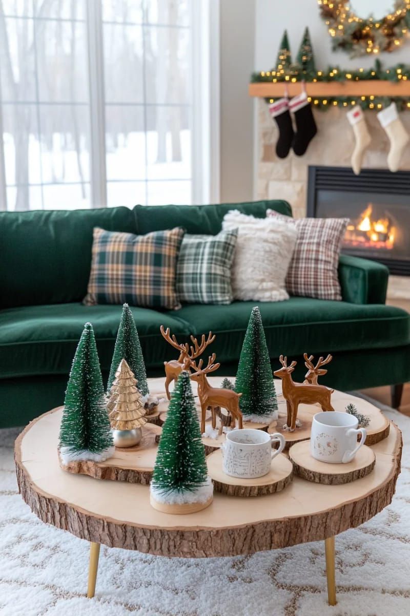 birch wood slices with miniature reindeer and bottle brush trees 1