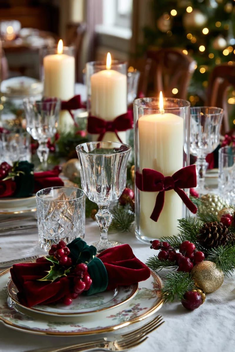 velvet ribbon bows around candle holders for elegant table sparkle 1