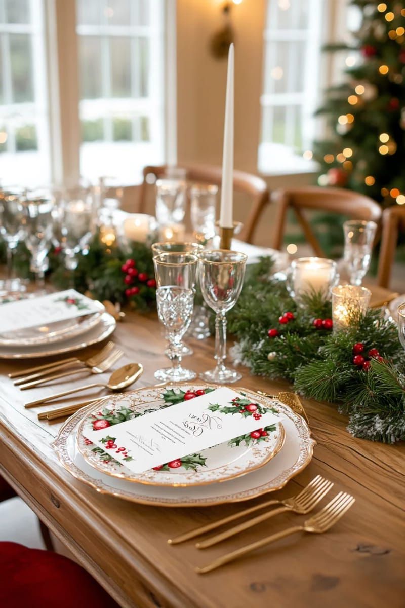 hand-lettered menus with watercolor holly at each seat 1