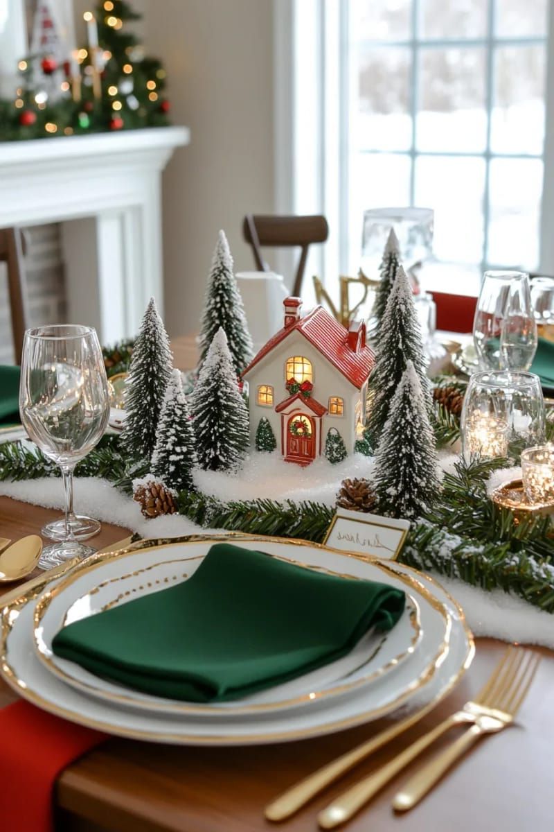 mini ceramic christmas village with frosted trees as table focal point 1
