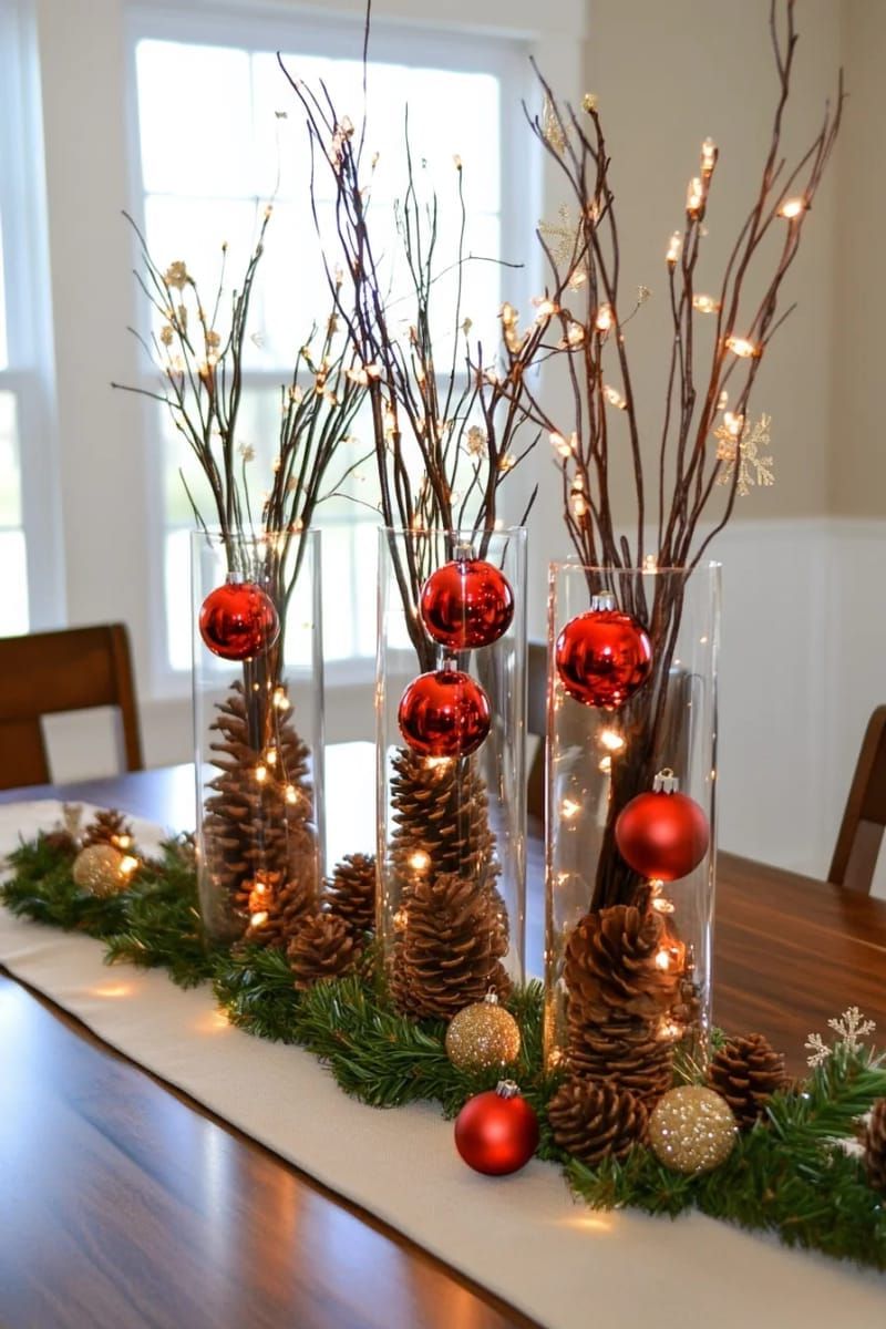 tall glass vases filled with pinecones, red ornaments, and fairy lights 1