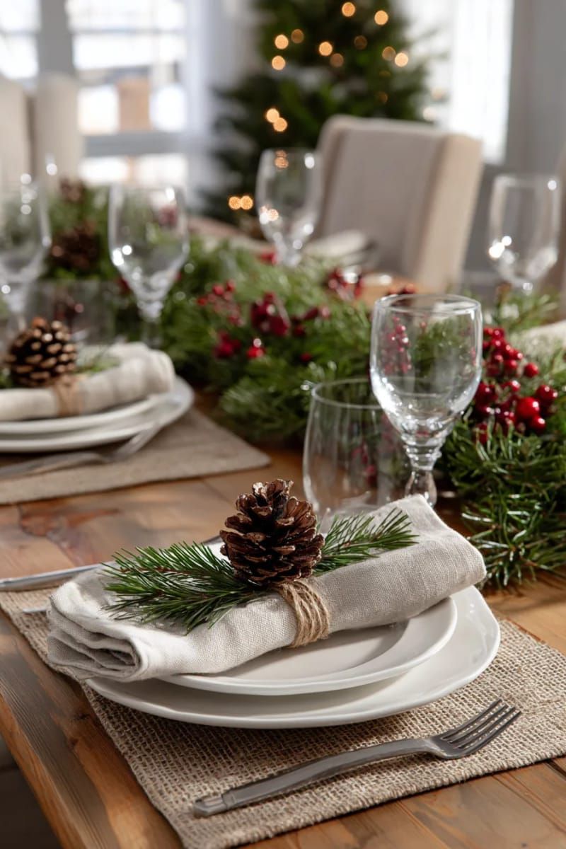 pinecone and cinnamon stick bundles at each plate for rustic charm 1