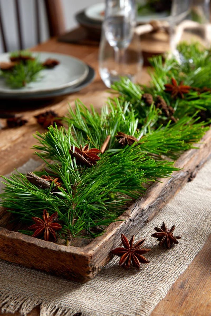 minimalist pine branch down the center with scattered star anise 1