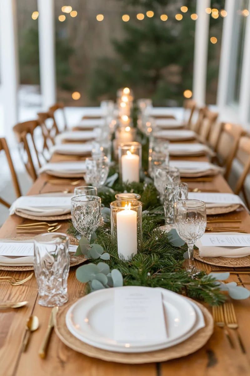snow-dusted faux greenery runner with white pillar candles 1