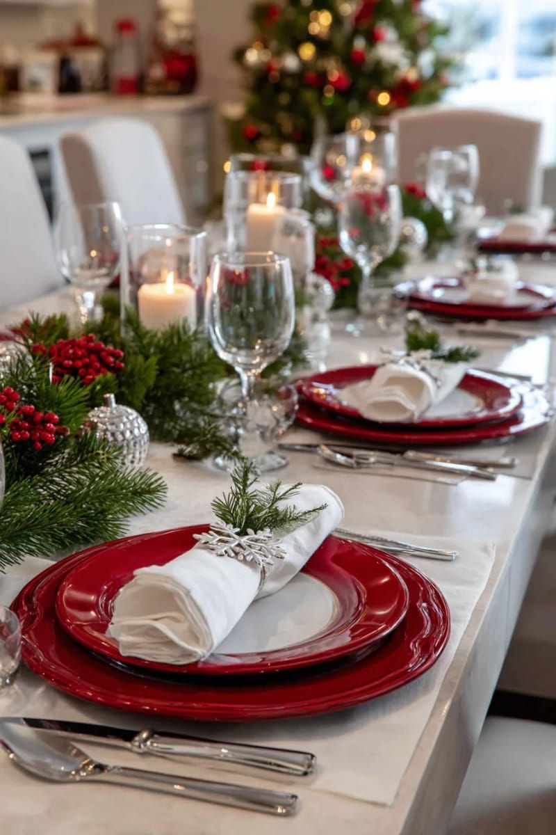 layered place settings with red chargers and snowflake napkin holders 1