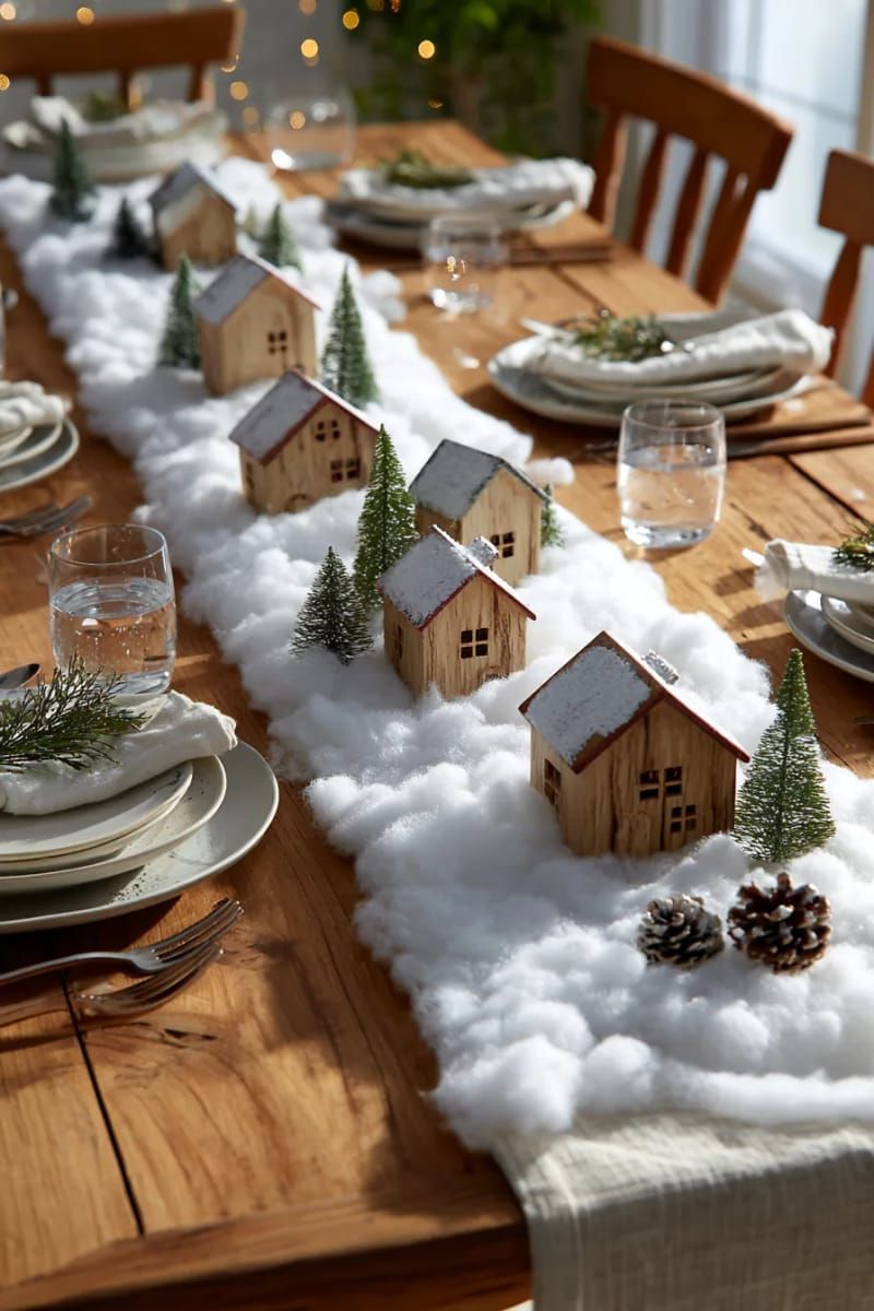table runner of faux snow with tiny wooden christmas houses 1