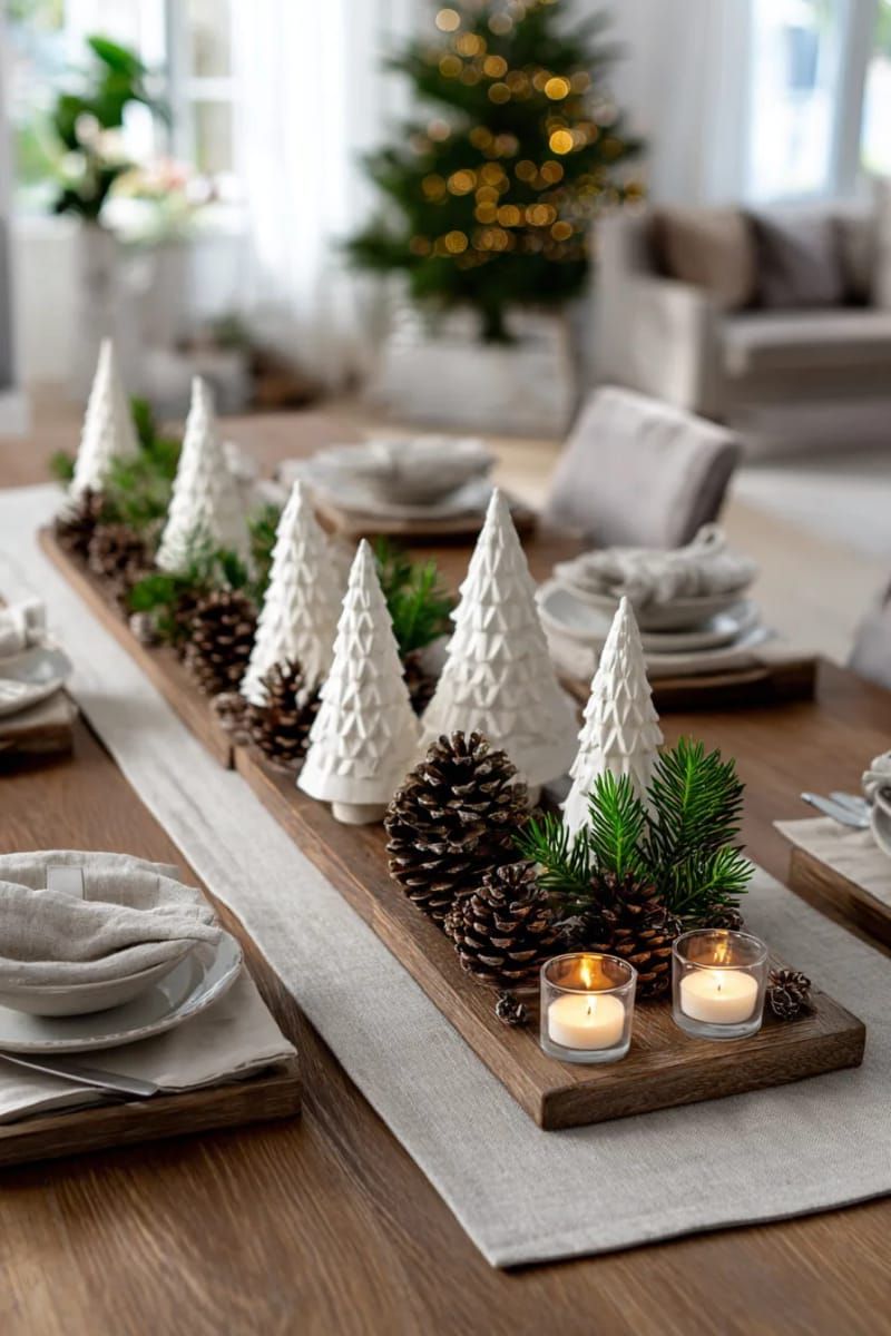 neutral linen runner with white ceramic christmas trees and wood accents 1