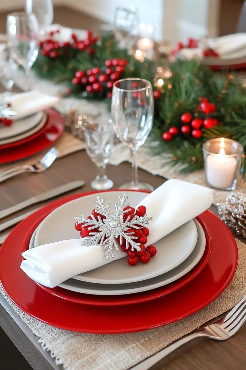 layered place settings with red chargers and snowflake napkin holders 1