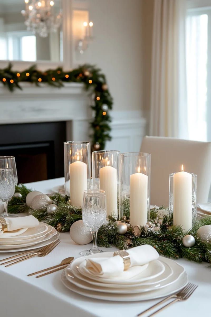 elegant all-white scheme with glass candleholders and frosted berries 1