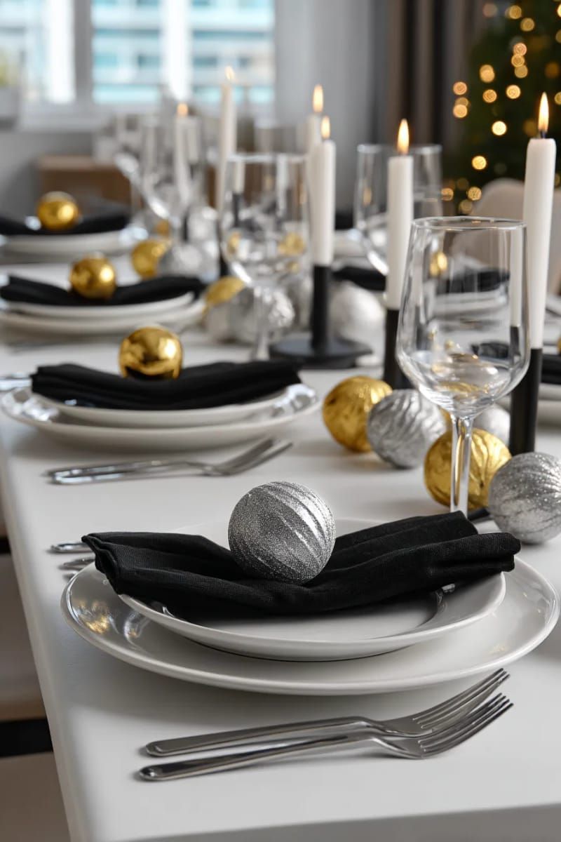 sleek modern arrangement: white plates, black napkins, metallic ornaments 1