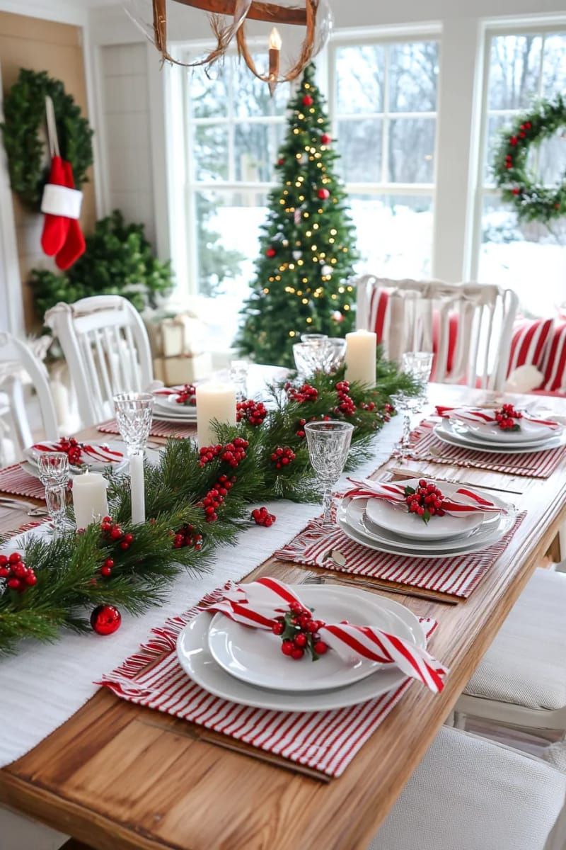 red and white striped accents paired with sprigs of cedar and berries 1