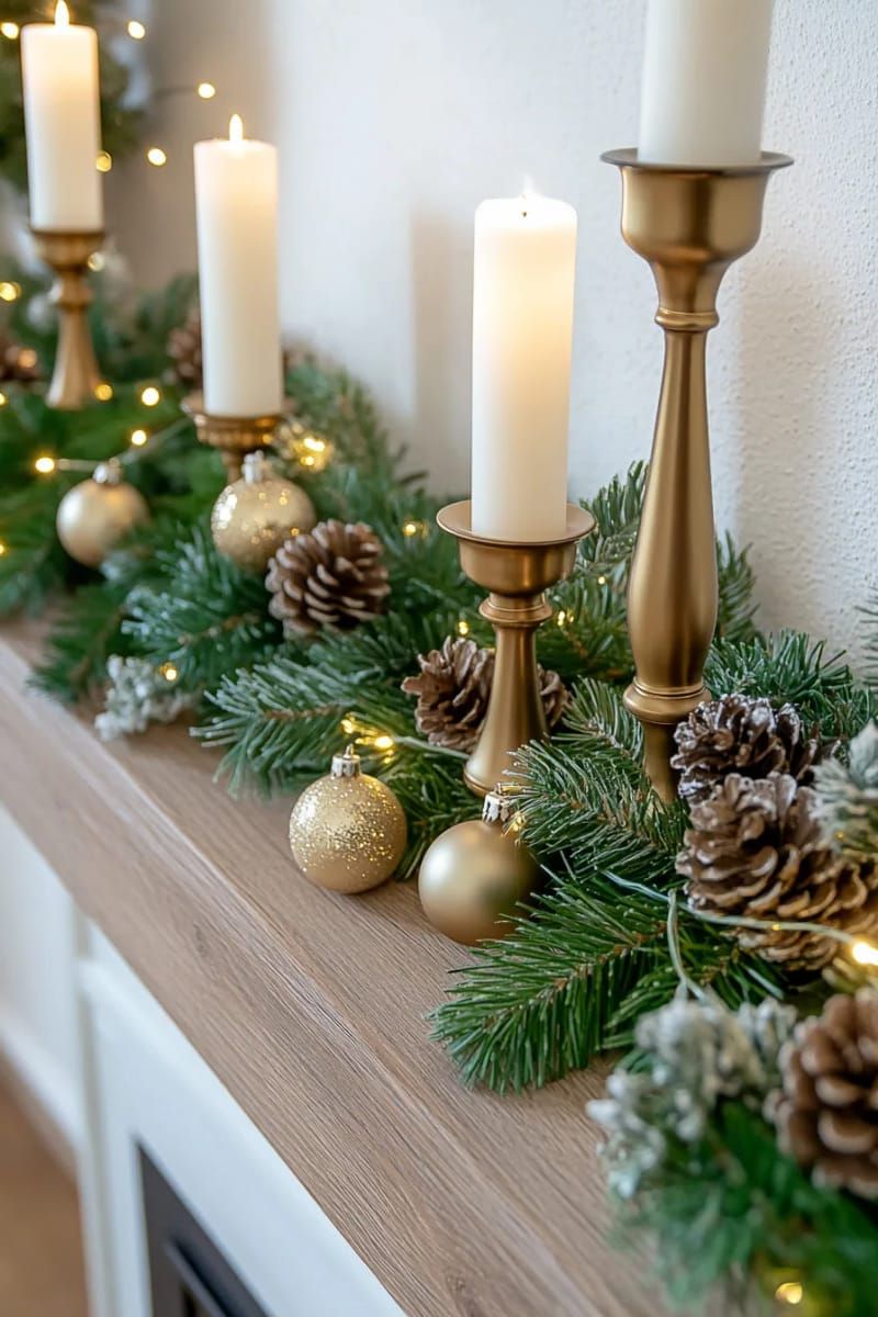 frosted pine garland weaving between candlesticks and golden baubles 1